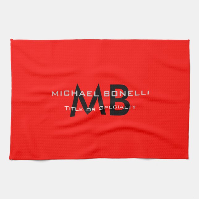 Modern red black monogram initials tea towel (Horizontal)