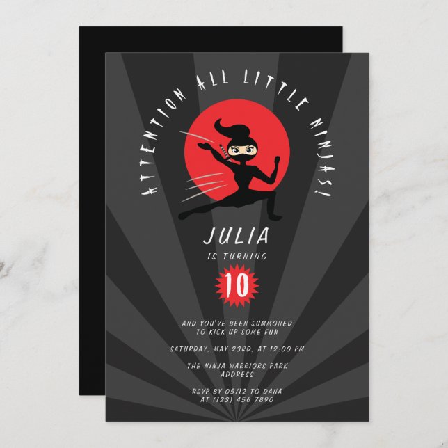 Modern Red Black Ninja Warrior Girl Birthday Party Invitation (Front/Back)