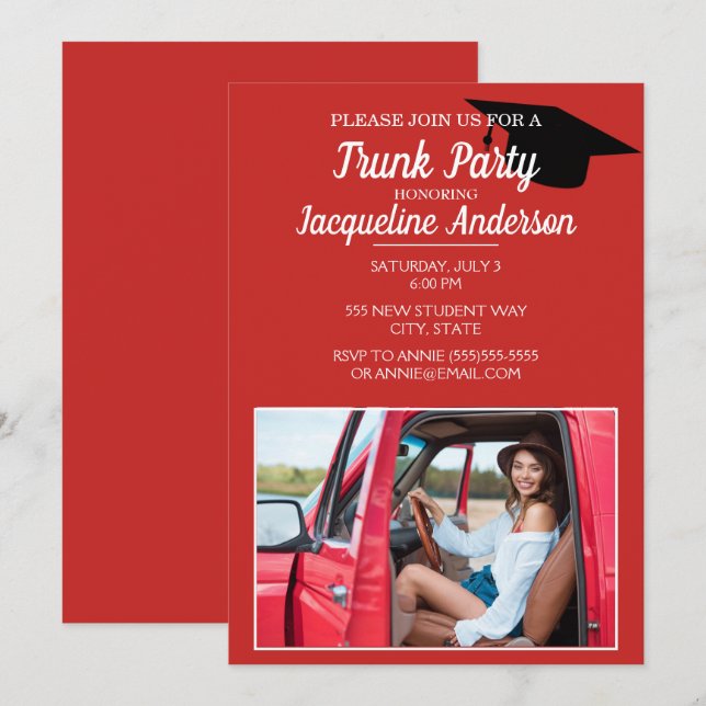 Modern Red Black Photo College Trunk Party Invitation (Front/Back)