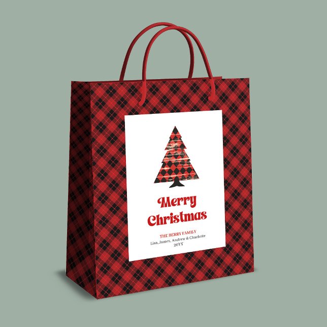 Modern red black plaid Christmas bag editable text (Modern red black plaid Christmas bag editable text)