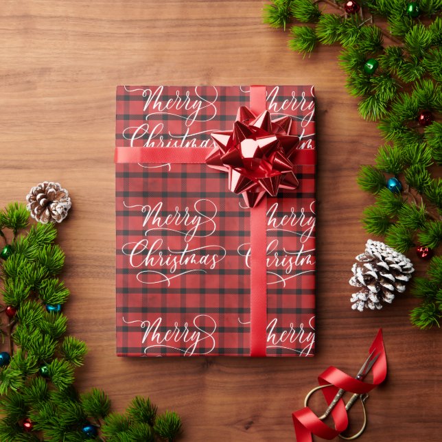 Modern RED BLACK Plaid Merry Christmas Holiday Wrapping Paper (Holiday Gift)