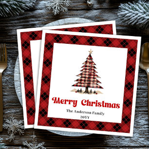 Modern Red Black Plaid Tree Christmas Napkins