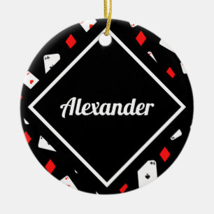 Modern Red & Black Poker Theme Pattern Custom Name Ceramic Tree Decoration
