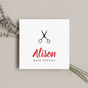 Modern Red Black Scissors Hair Stylist Square Business Card