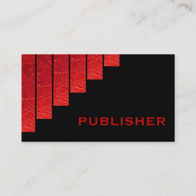 Modern red, black vertical stripes publisher business card (Front)