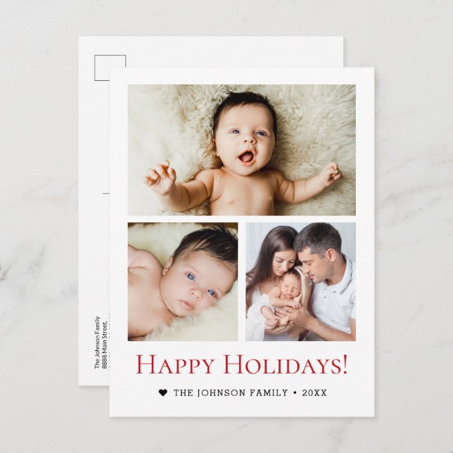 Modern Red Black White 3-Photo Holiday Family Postcard (Front/Back)