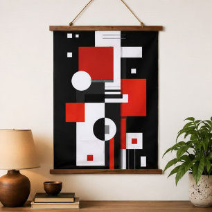 Modern Red Black White Geometric Abstract Art Hanging Tapestry