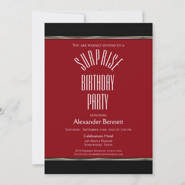 Modern Red Black White Surprise Birthday Party Invitation (Front)