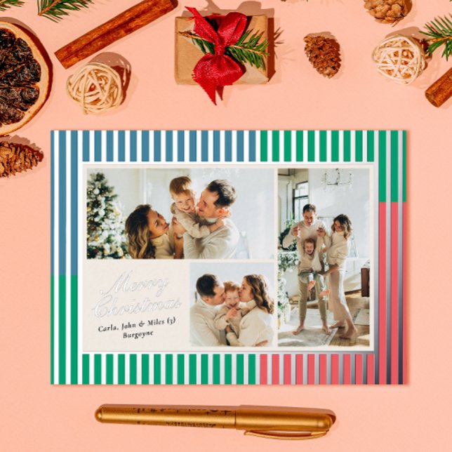 Modern Red Blue and Green Striped 3 Photo Foil Holiday Card (Creator Uploaded)
