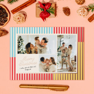 Modern Red Blue and Yellow Striped 3 Photo Foil Holiday Card