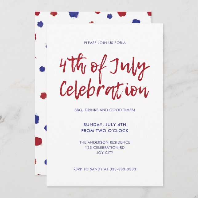 Modern Red Blue Dots Independence 4th of July Invitation (Front/Back)