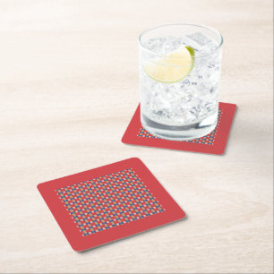 Modern Red Blue Geometric Pattern Monogram Square Paper Coaster