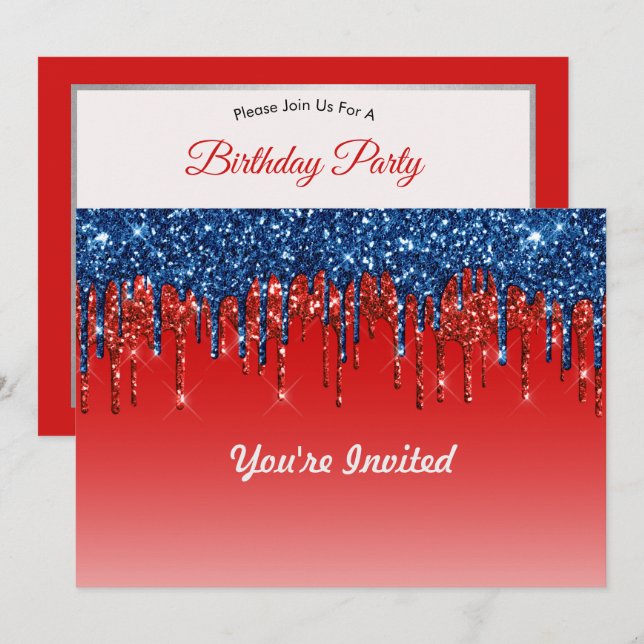 Modern Red Blue Glitter Drips Birthday Invitation (Front/Back)