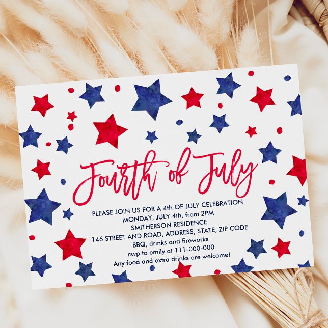 Modern red blue watercolor stars 4th of July Invitation (Modern red blue watercolor stars 4th of July Invitation)