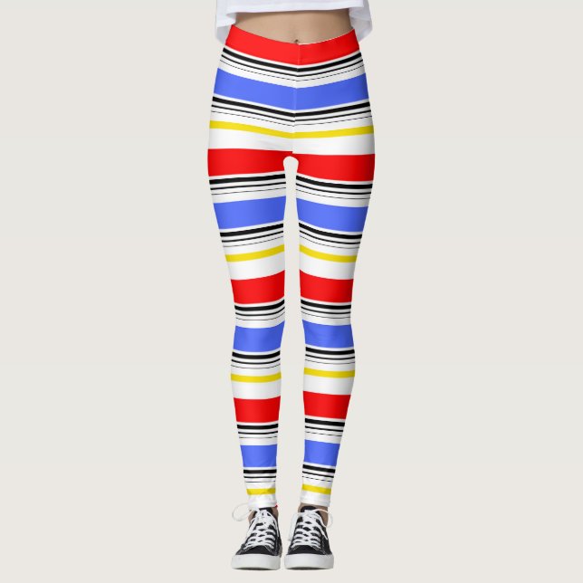 Modern  Red Blue White Stripes  Leggings (Front)