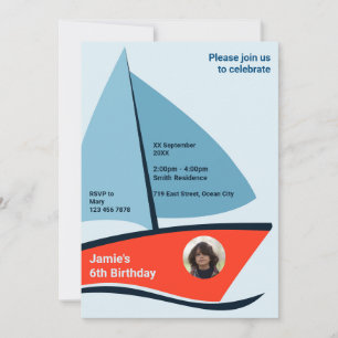 Modern Red Boat 6th Birthday Party Invitation Card