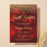 Modern Red Bokeh Gold Glitter Sweet 16 Invitation<br><div class="desc">This red and gold sweet 16 invitation is sure to impress! Design features faux glitter,  red bokeh background and trendy script font. Designs are flat printed illustrations/graphics - NOT ACTUAL GLITTER.</div>