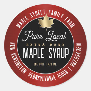 Modern Red Border Gold Leaf Pure Local Maple Syrup Classic Round Sticker