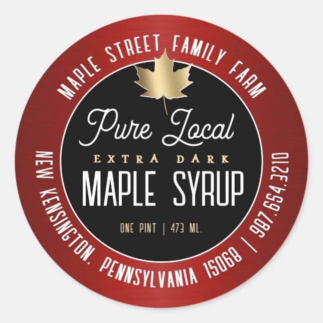 Modern Red Border Gold Leaf Pure Local Maple Syrup Classic Round Sticker (Front)