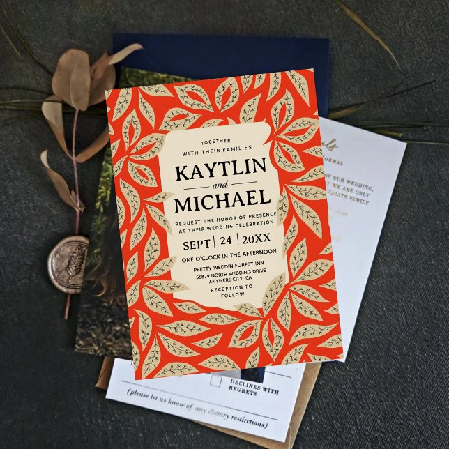 Modern Red Botanical Elegant Leaf  Invitation (Creator Uploaded)