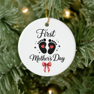 Modern Red Bow 1st Mother's Day Custom Typography Ceramic Tree Decoration