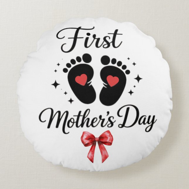 Modern Red Bow 1st Mother's Day Custom Typography Round Cushion (Front)