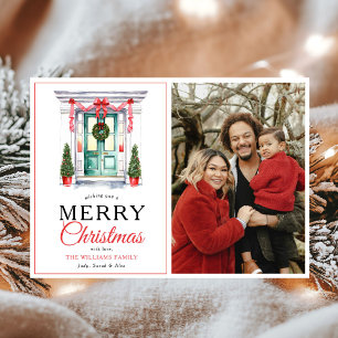 Modern Red Bow Door Merry Christmas Photo Holiday Card