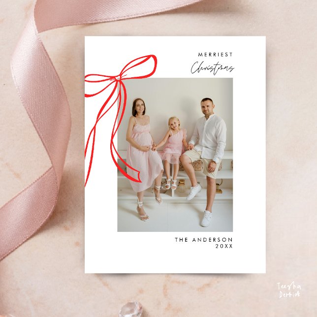 Modern Red Bow Family Photo Christmas Greeting Postcard (Modern Red Bow Family Photo Christmas Joyful Bright Minimalist Greeting Postcard)