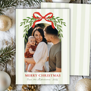Modern Red Bow Greenery Arch 1 Photo Christmas Holiday Card
