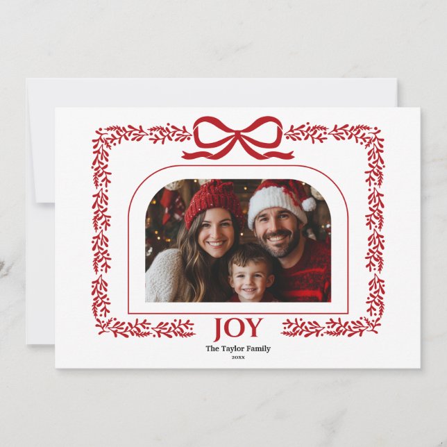 Modern Red Bow Joy Christmas Ribbon Photo Frame Invitation (Front)