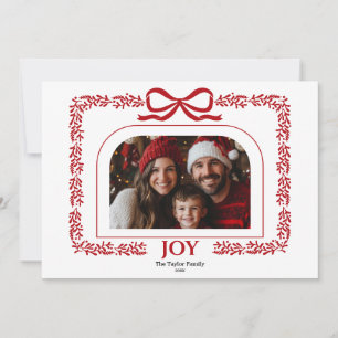 Modern Red Bow Joy Christmas Ribbon Photo Frame Invitation