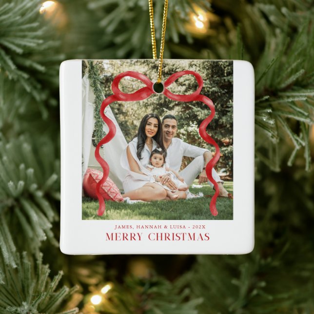 Modern Red Bow Merry Christmas Photo Ceramic Ornament (Tree)