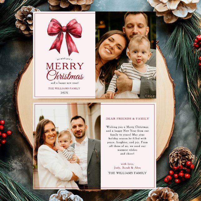 Modern Red Bow Merry Christmas Photo Holiday Card (Creator Uploaded)