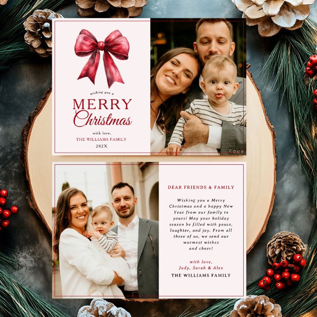 Modern Red Bow Merry Christmas Photo Holiday Card (Creator Uploaded)