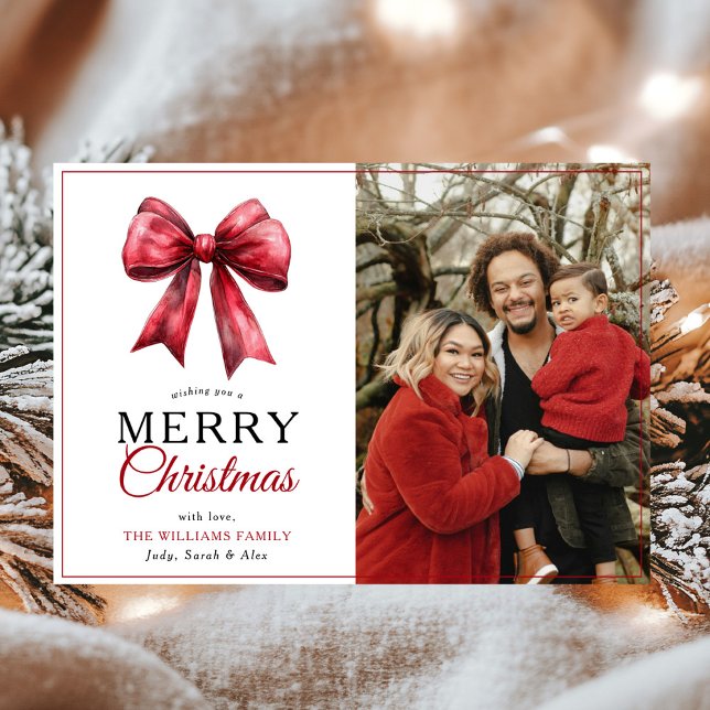 Modern Red Bow Merry Christmas Photo Holiday Card (Creator Uploaded)