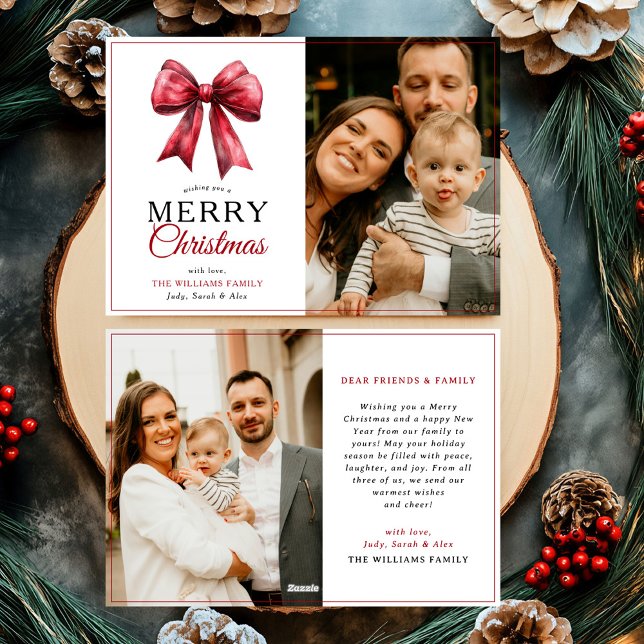 Modern Red Bow Merry Christmas Photo Holiday Card (Creator Uploaded)