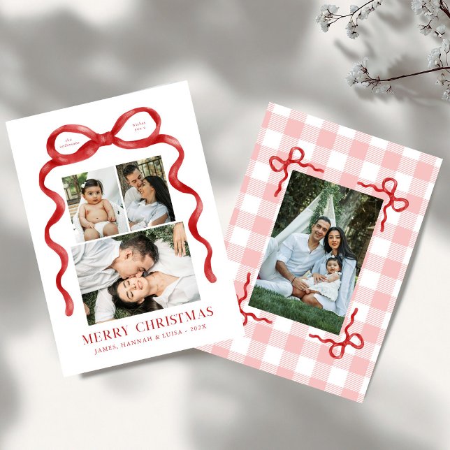 Modern Red Bow Merry Christmas Photo Holiday Card (Creator Uploaded)