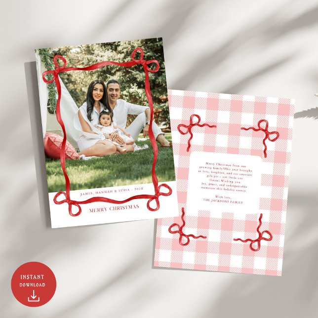 Modern Red Bow Merry Christmas Photo Holiday Card (Creator Uploaded)