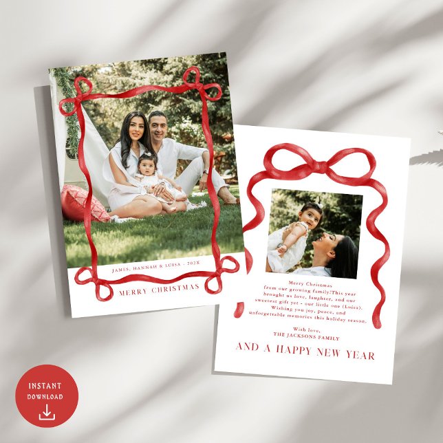 Modern Red Bow Merry Christmas Photo Invitation (Creator Uploaded)