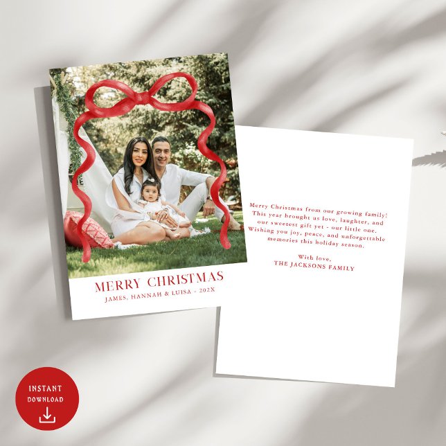 Modern Red Bow Merry Christmas Photo Invitation (Creator Uploaded)