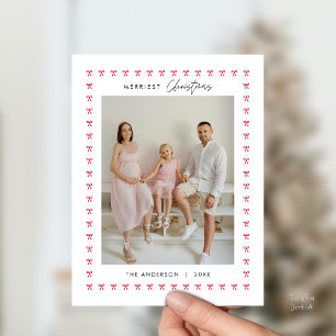 Modern Red Bow Pattern Family Photo Christmas Postcard