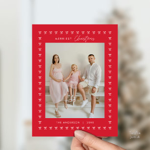 Modern Red Bow Pattern Family Photo Christmas Postcard