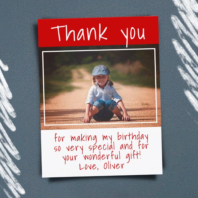 Modern Red Boy Photo Birthday Thank you Postcard (Creator Uploaded)