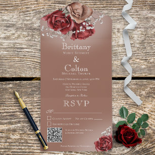 Modern Red & Brown Roses Floral QR Code All In One Invitation