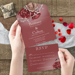 Modern Red & Brown Roses Floral Red Dinner All In One Invitation