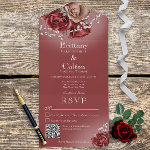 Modern Red & Brown Roses QR Code All In One Invitation