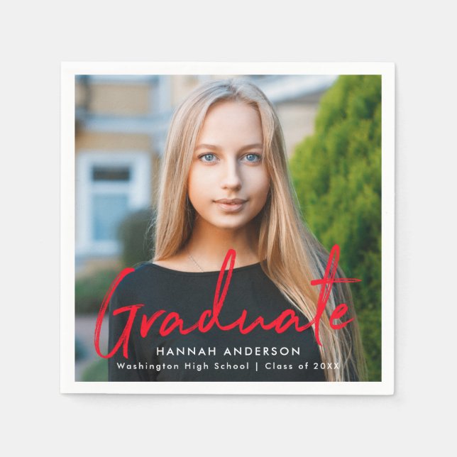 Modern Red Brush Script Photo Graduation Napkin (Front)
