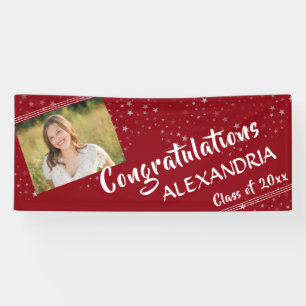 Modern Red Brush Script Stars Photo Graduation Banner