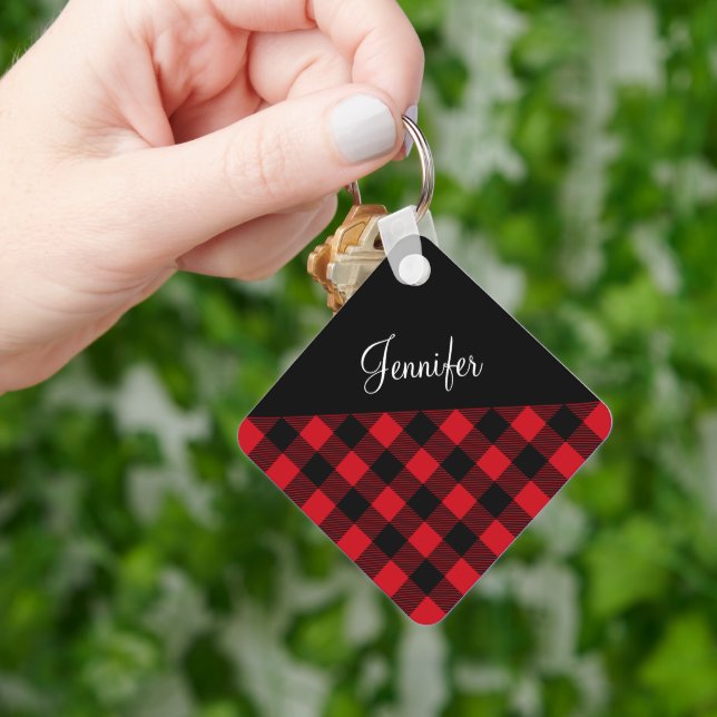 Modern Red Buffalo Check Name Key Ring (Hand)