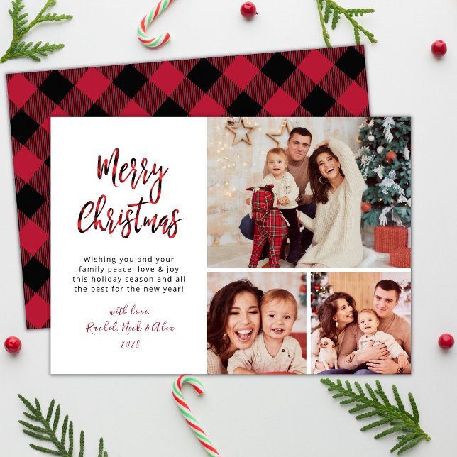 Modern Red Buffalo Plaid 3 Multi Photo Christmas Holiday Card (Creator Uploaded)